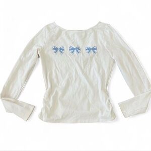 Madden Girl White Long Sleeve Top with Blue Bow Details
